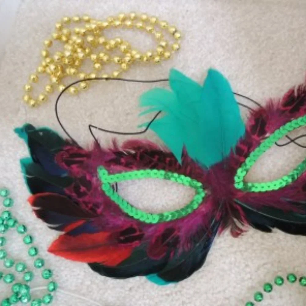 Mardi Gras Masks Beads LOT 24 Necklaces + 2 Bourbon Street Party Masks NEW